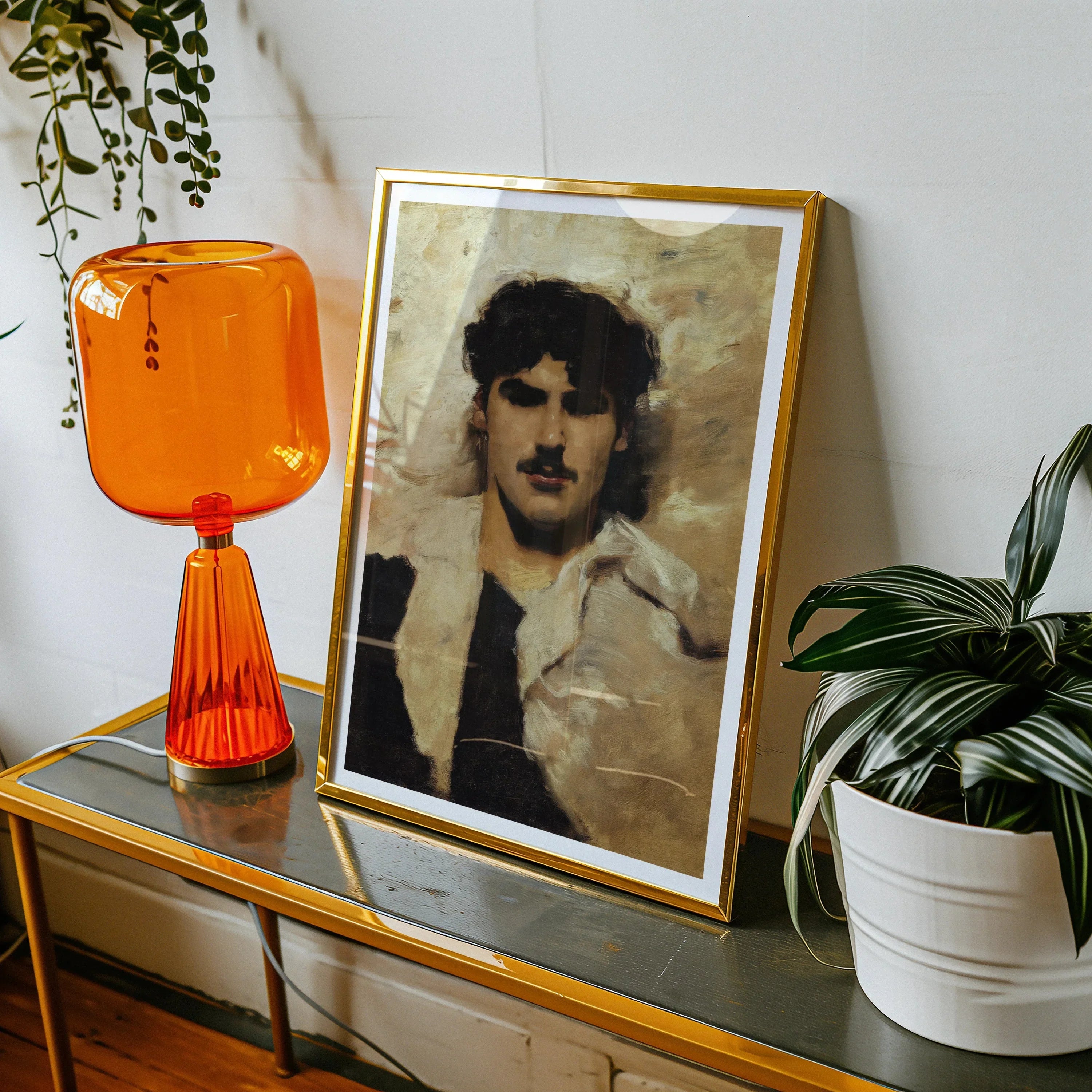 Head of a Male Model - John Singer Sargent Art Print, Framed Vintage-style Portrait Photograph Alongside Orange Table