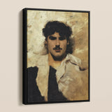Head of a Male Model - John Singer Sargent Framed Canvas, Framed Portrait Painting Dark Curly Hair Mustache Beige