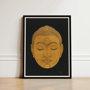 Head of Buddha - Reijer Stolk Graphic Art Print / Canvas Minimalist Black-framed Serene Golden, Woodcut, Invites Prints