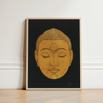 Head of Buddha - Reijer Stolk Graphic Art Print / Canvas Minimalist Gold Face Light Wood, Woodcut, Invites Prints