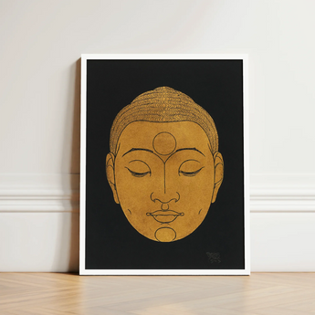 Head of Buddha - Reijer Stolk Graphic Art Print / Canvas Minimalist Framed Artwork Serene Golden Intricate, Woodcut, Invites Prints