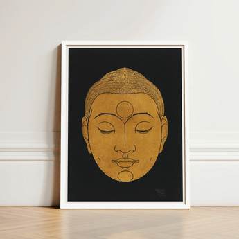 Head of Buddha - Reijer Stolk Graphic Art Print / Canvas Minimalist Gold White Frame, Woodcut, Invites Prints