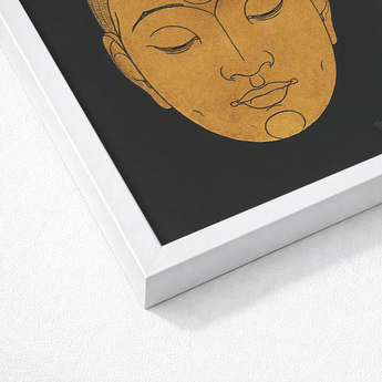 Head of Buddha - Reijer Stolk Graphic Art Print / Canvas Minimalist White Frame Encases Black-and-gold Face, Woodcut, Invites Prints