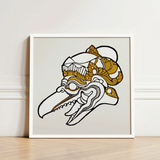 Head of Garuda - Reijer Stolk Graphic Art Print / Canvas Framed Artwork Stylized Ornate Bird Skull White Gold Stolk’s, Woodcut, Prints