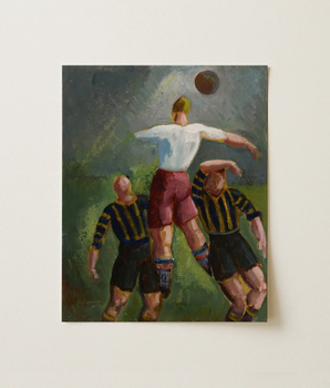 Vintage-style Oil Painting Soccer Player Mid-air White Jersey Art Print, Mexican Painter ángel, Zárraga’s, Angel Zarraga, Gravity Loses