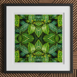 Just the Headlines - Trippy Fractal Leaf Art Print, 12x12’’ / 31x31cm / Black Frame / 2’’ Matboard, Framed Kaleidoscopic Print Green Leaves