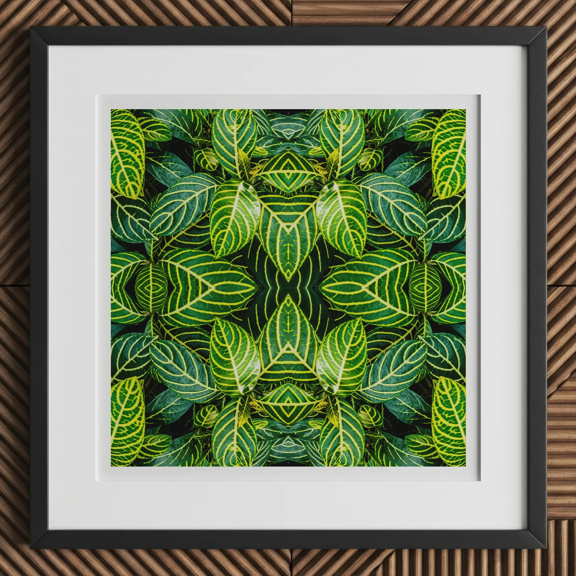Just the Headlines - Trippy Fractal Leaf Art Print, 12x12’’ / 31x31cm / Black Frame / 2’’ Matboard, Framed Kaleidoscopic Print Green Leaves