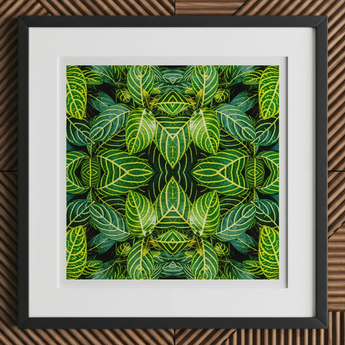 Just the Headlines - Trippy Fractal Leaf Art Print, 12x12’’ / 31x31cm / Black Frame / 2’’ Matboard, Framed Kaleidoscopic Print Green Leaves