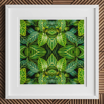 Just the Headlines - Trippy Fractal Leaf Art Print, 12x12’’ / 31x31cm / White Frame / 2’’ Matboard, Framed Artwork Symmetrical Pattern