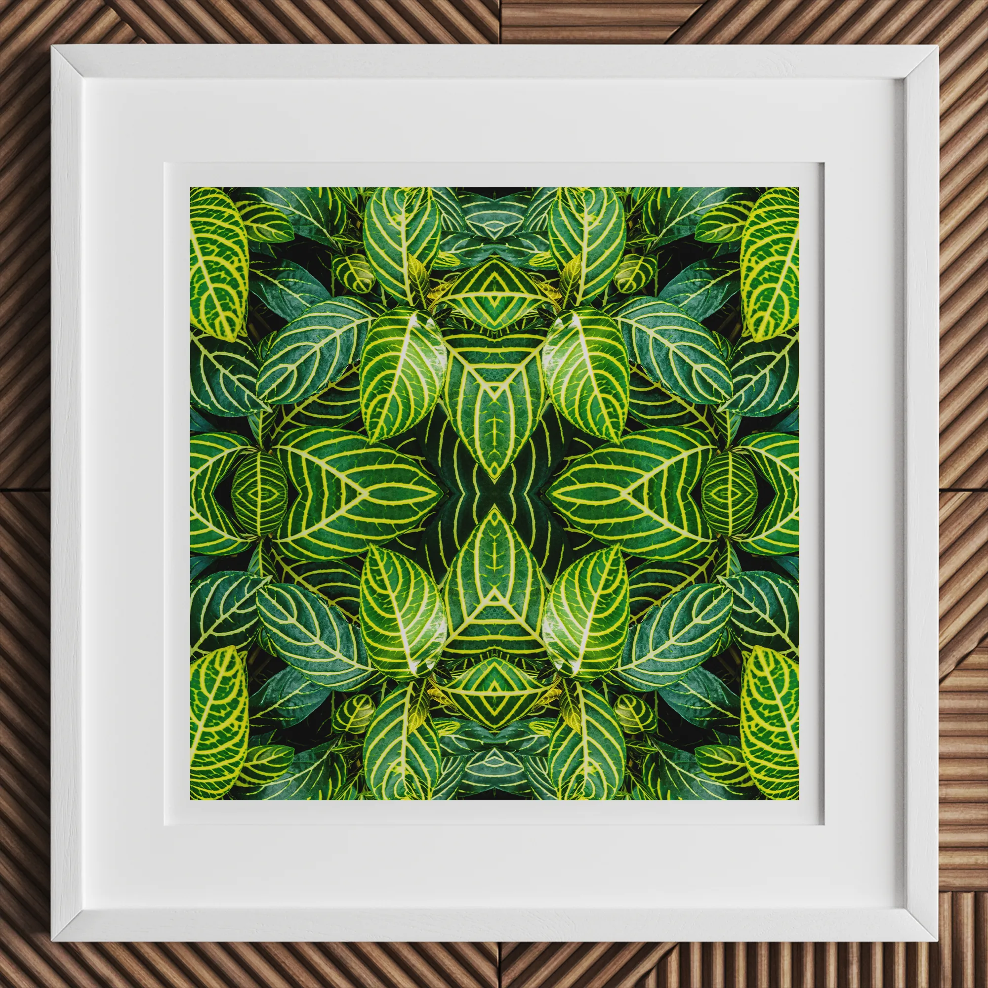 Just the Headlines - Trippy Fractal Leaf Art Print, 12x12’’ / 31x31cm / White Frame, Framed Artwork Symmetrical Pattern Vibrant Green