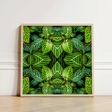Square-framed Artwork Vibrant Symmetrical Pattern Green Leaves Yellow Trippy Fractal Leaf, Kaleidoscopic Print, Verdant Vortex