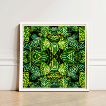 Square-framed Artwork Symmetrical Kaleidoscopic Pattern Green Leaves Intricate Trippy Fractal Leaf, Print, Verdant Vortex