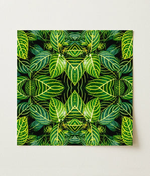 Square Canvas Print Symmetrical Kaleidoscopic Pattern Vibrant Green Trippy Fractal Leaf, Verdant Vortex