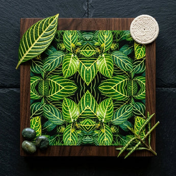 Just the Headlines - Trippy Fractal Leaf Art Print / Canvas Square Wooden Plaque Vibrant Green Pattern Yellow, Kaleidoscopic, Verdant
