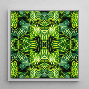 Just the Headlines - Trippy Fractal Leaf Framed Canvas, 12x12’’ / 31x31cm / White Floating Frame, Symmetrical Green Leaf Pattern White Frame