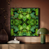Just the Headlines - Trippy Fractal Leaf Framed Canvas, Framed Artwork Symmetrical Pattern Vibrant Green Leaves