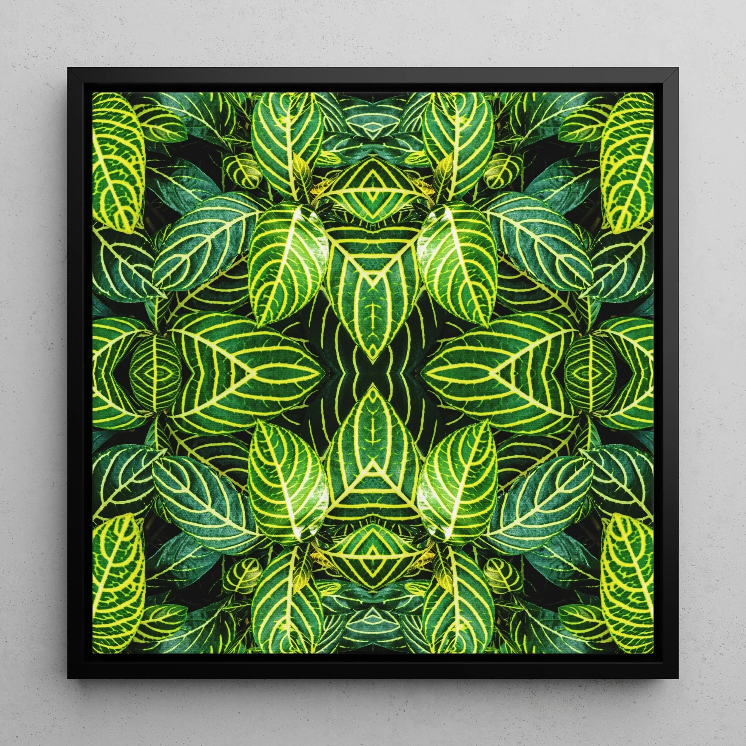 Just the Headlines - Trippy Fractal Leaf Framed Canvas, Symmetrical Kaleidoscopic Pattern Vibrant Green Tropical Leaves