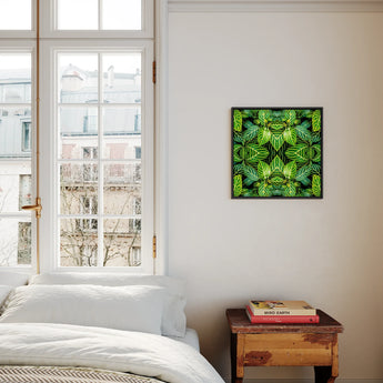 Just the Headlines - Trippy Fractal Leaf Framed Canvas, Vibrant Green Geometric Abstract Artwork Square Frame White