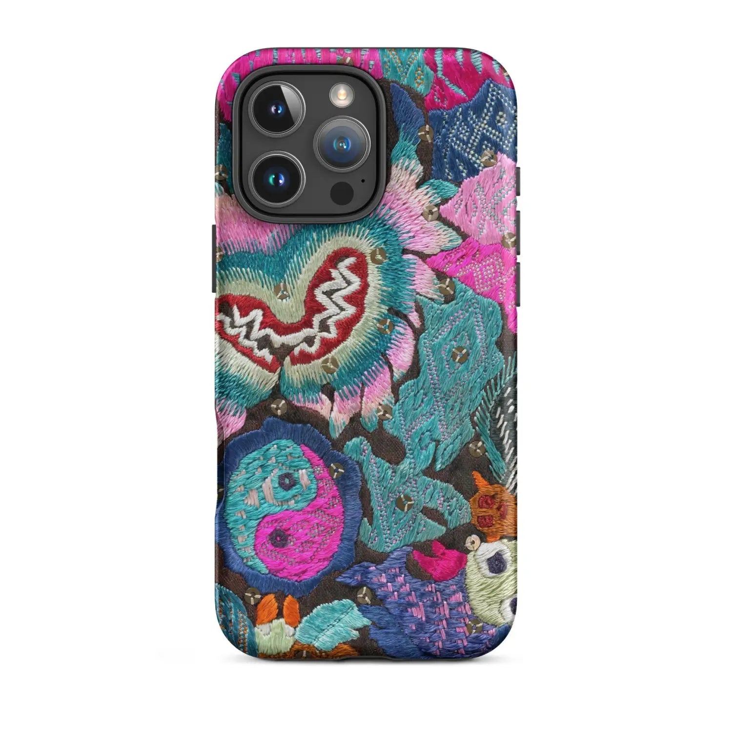 Colorful textile art iPhone 12 Pro Max case with yin-yang design