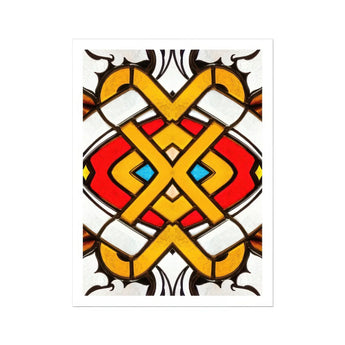 Hearts of Glass - Stained Window Art Print / Canvas Geometric Pattern Yellow Bands Red Blue Accents Symmetrical Stained Glass Window,
