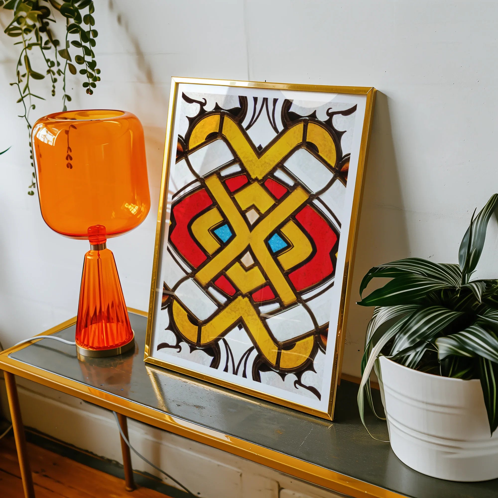 Hearts of Glass - Stained Window Art Print, Colorful Abstract Artwork Geometric Shapes Yellow Red Blue