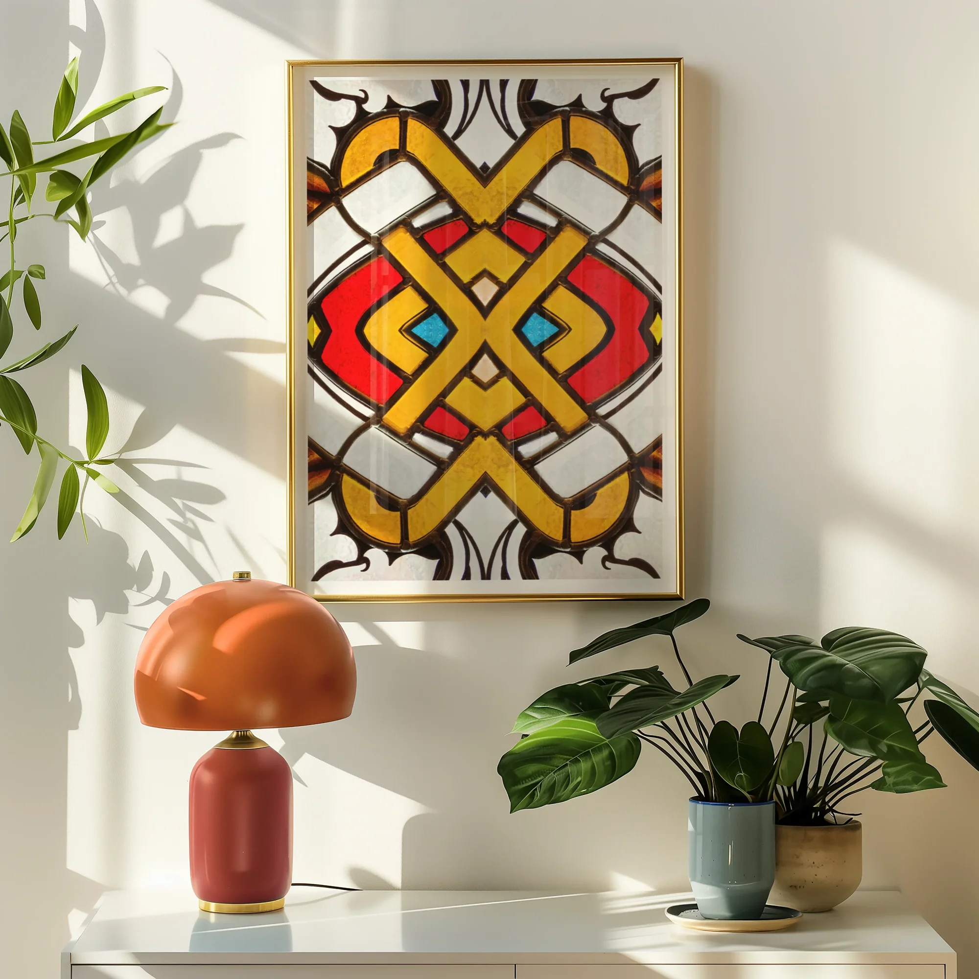 Hearts of Glass - Stained Window Art Print, Framed Geometric Artwork Bold Red Yellow Black Patterns