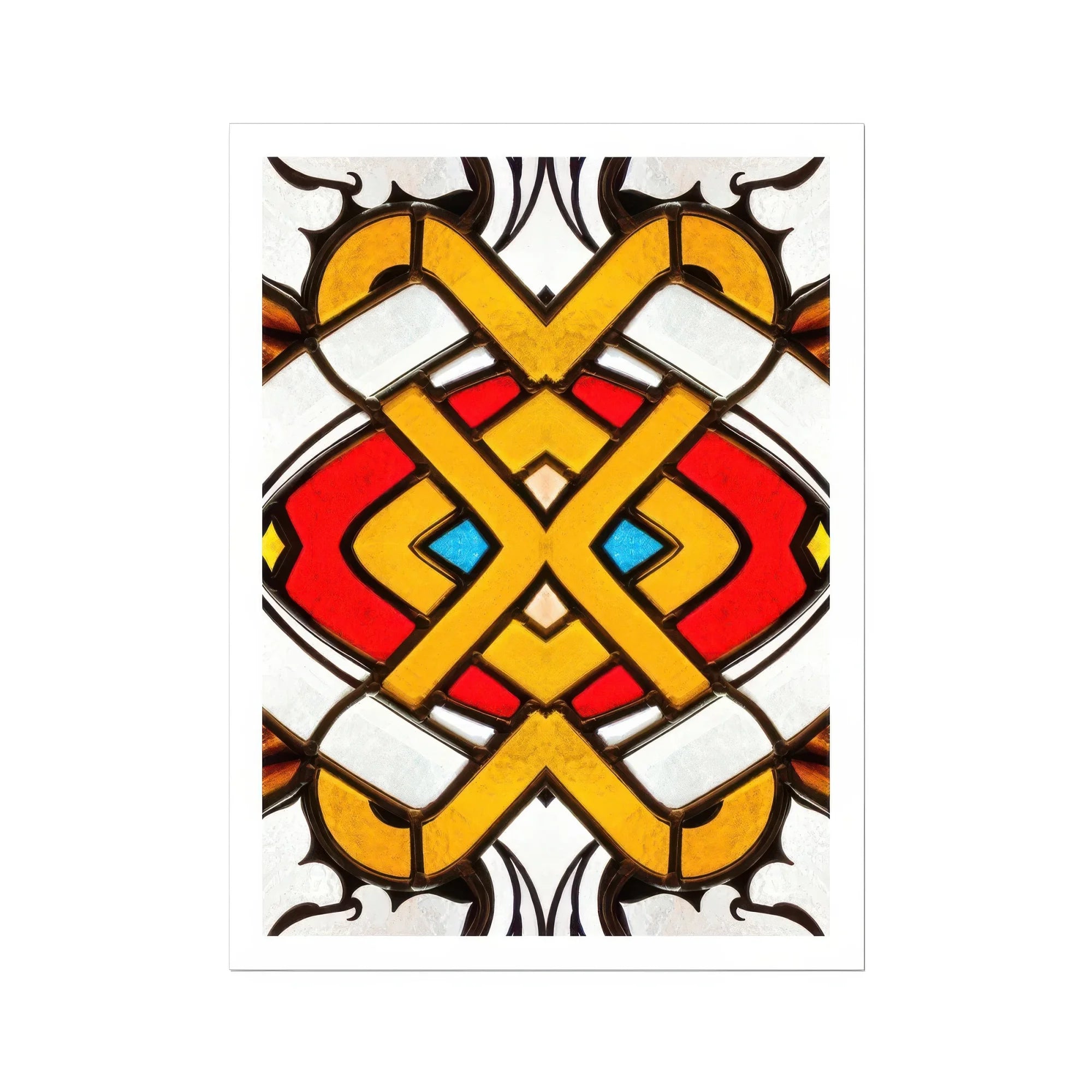 Hearts of Glass - Stained Window Art Print, Geometric Pattern Yellow Bands Red Blue Accents Symmetrical