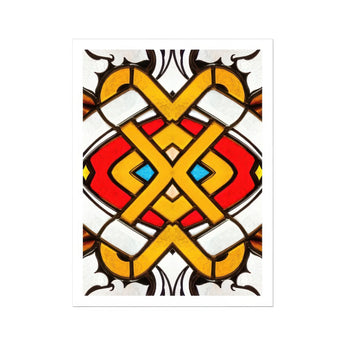 Hearts of Glass - Stained Window Art Print, Geometric Pattern Yellow Bands Red Blue Accents Symmetrical