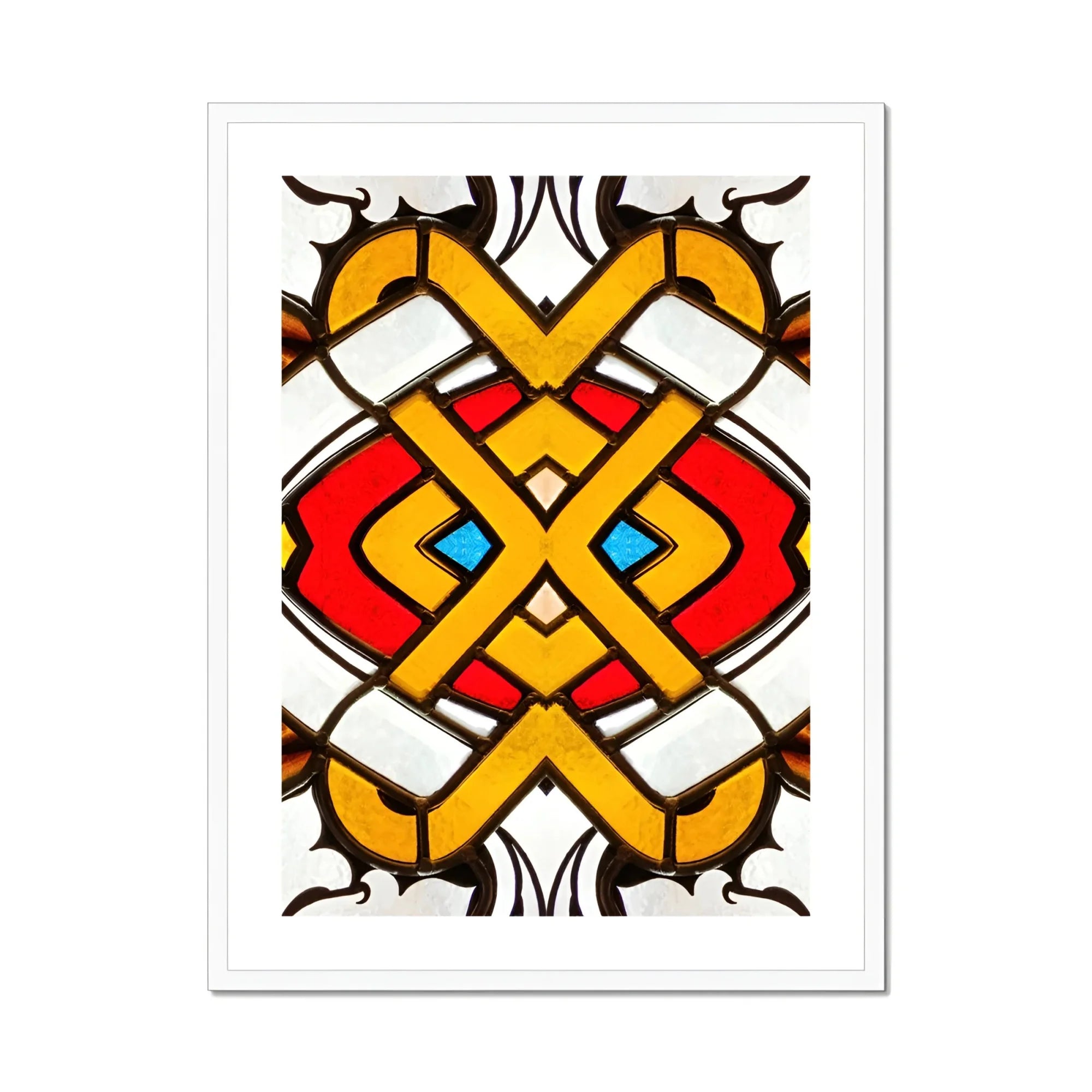 Hearts of Glass - Stained Window Art Print, Symmetrical Abstract Design Interwoven Yellow Bands Red Blue