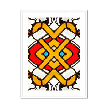 Hearts of Glass - Stained Window Art Print, Symmetrical Abstract Design Interwoven Yellow Bands Red Blue