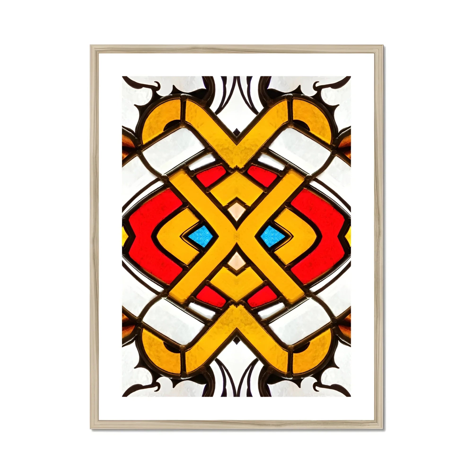 Hearts of Glass - Stained Window Art Print, Symmetrical Geometric Pattern Yellow Bands Red Blue Accents