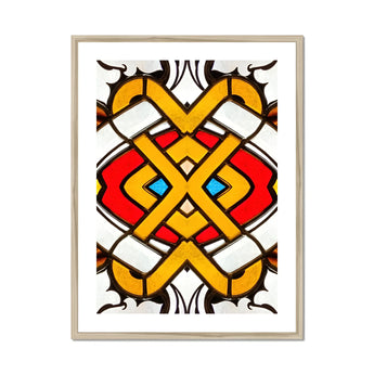 Hearts of Glass - Stained Window Art Print, Symmetrical Geometric Pattern Yellow Bands Red Blue Accents