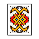 Hearts of Glass - Stained Window Art Print, Symmetrical Geometric Pattern Yellow Bands Red Blue Accents