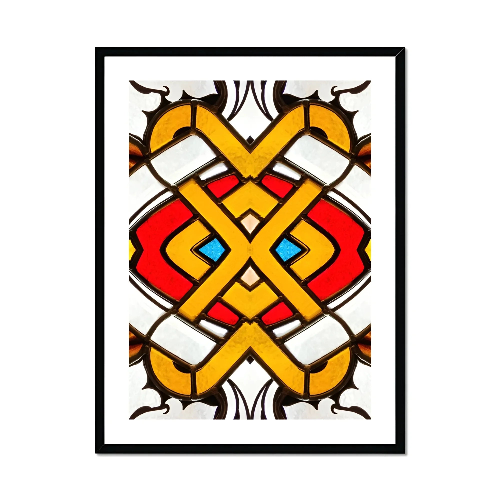 Hearts of Glass - Stained Window Art Print, Symmetrical Geometric Pattern Yellow Bands Red Blue Accents