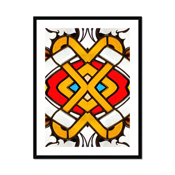 Hearts of Glass - Stained Window Art Print, Symmetrical Geometric Pattern Yellow Bands Red Blue Accents