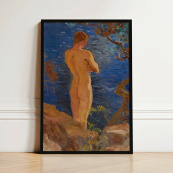 Heikki on the Beach - Venny Soldan-brofeldt Art Print / Canvas Black-framed Painting Nude Figure Water Rendered Impressionistic Style Warm