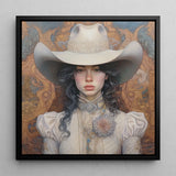 Helena - Wlw Lesbian Cowgirl Art Print / Canvas Framed Portrait Young Woman Ornate White Cowboy Hat Sapphic, Elegant Outlaw Reminding,