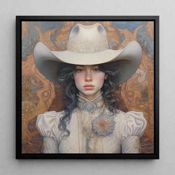 Helena - Wlw Lesbian Cowgirl Art Print / Canvas Framed Portrait Young Woman Ornate White Cowboy Hat Sapphic, Elegant Outlaw Reminding,