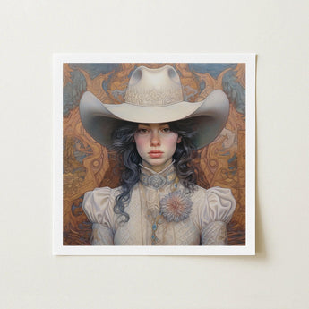 Helena - Wlw Lesbian Cowgirl Art Print / Canvas Framed Artwork Woman Ornate Cream-colored Cowboy Hat Intricate Sapphic, Elegant Outlaw
