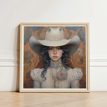 Framed Artwork Woman Ornate Cream-colored Cowboy Hat High-collared Lesbian Cowgirl Sapphic, Elegant Outlaw Reminding, Spirit’s Queer