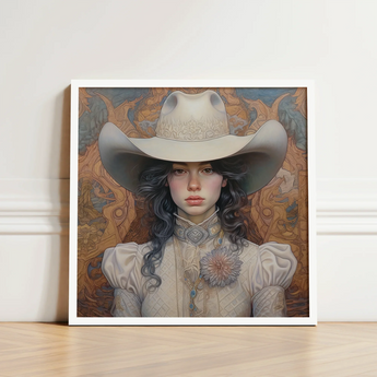 Framed Portrait Woman Ornate Cream-colored Cowboy Hat High-collared Lesbian Cowgirl Sapphic, Elegant Outlaw Reminding, Spirit’s Queer