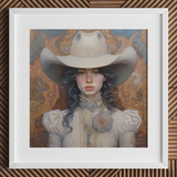 Helena - Wlw Lesbian Cowgirl Art Print / Canvas Cowboy Hat White Band Floral Brooch Cream-colored Fabric Lesbian Cowgirl Sapphic, Elegant