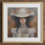 Helena - Wlw Lesbian Cowgirl Art Print / Canvas Cowboy Hat Wide Brim Floral Brooch Cream-colored Leather Lesbian Cowgirl Sapphic, Elegant