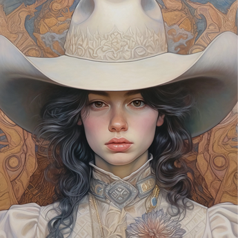 Helena - Wlw Lesbian Cowgirl Art Print / Canvas Cream-colored Cowboy Hat Intricate Embossed Floral Crown Lesbian Cowgirl Sapphic, Elegant