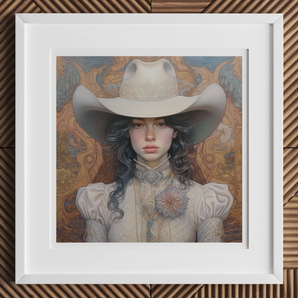 Helena - Wlw Lesbian Cowgirl Art Print, Framed Artwork Figure Victorian-style Dress White Cowboy Hat
