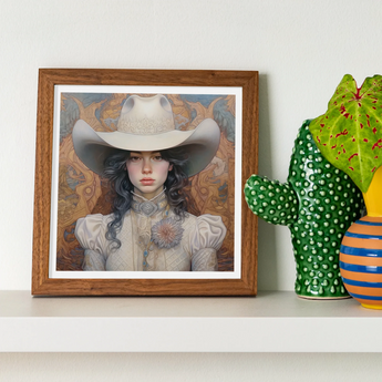 Helena - Wlw Lesbian Cowgirl Art Print, Framed Artwork Figure White Cowboy Hat Victorian-style Blouse