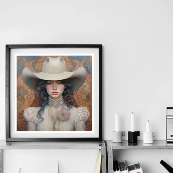 Helena - Wlw Lesbian Cowgirl Art Print, Framed Artwork Figure White Cowboy Hat Victorian-style Blouse