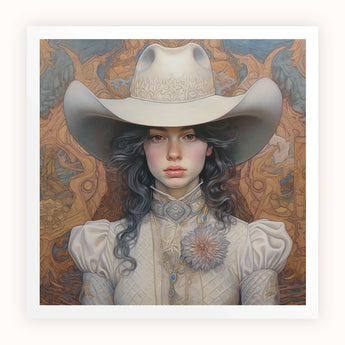 Helena - Wlw Lesbian Cowgirl Art Print, Cowgirl White Victorian-style Dress Wide-brimmed Hat
