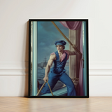 Framed Portrait Muscular Sailor Blue Cap Ropes Nautical Hender Bender, Gay Russian, Art
