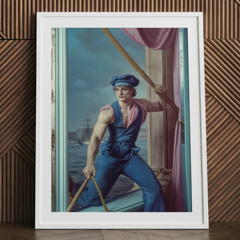 Hender Bender - Gay Russian Sailor Art Print / Canvas Framed Painting Muscular Man Blue Work Attire Cap Hender Bender Sailor, Gay Russian